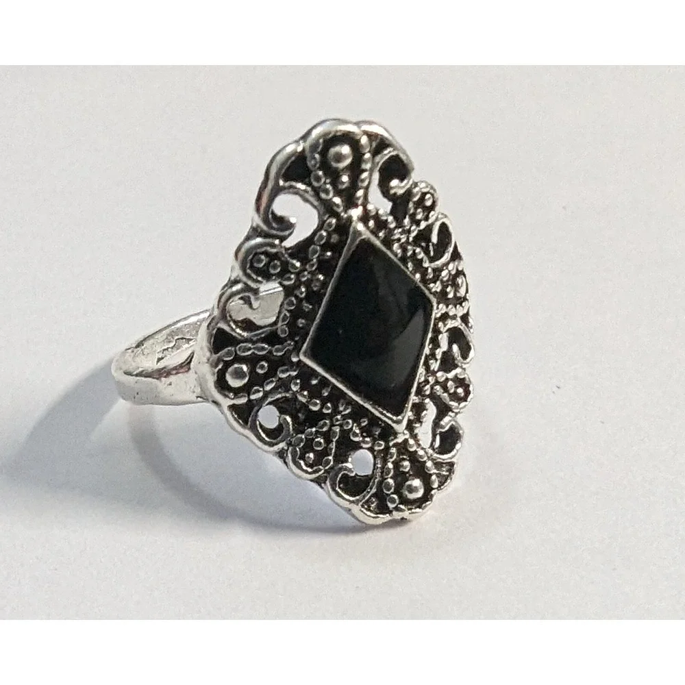 New Ring Black Enamel Size 6 Silver Tone Ornate Chunky Costume Fashion Jewelry